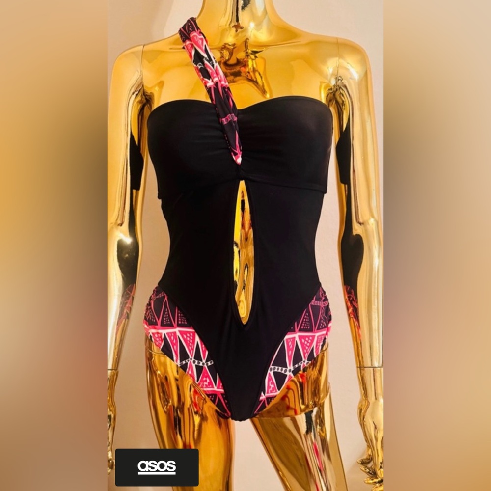 ASOS Swim Black and Pink One Piece Cut Out Detail One Shoulder Swimsuit, Size 6